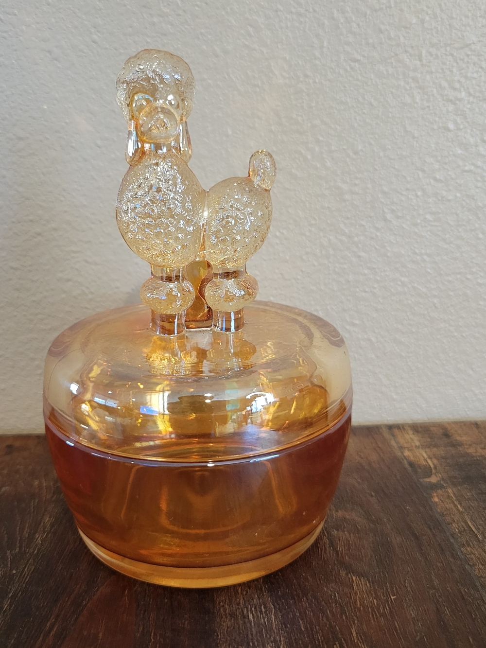 Marigold Carnival Glass Poodle Vanity Jar - Decorative Bathroom Trinket Storage